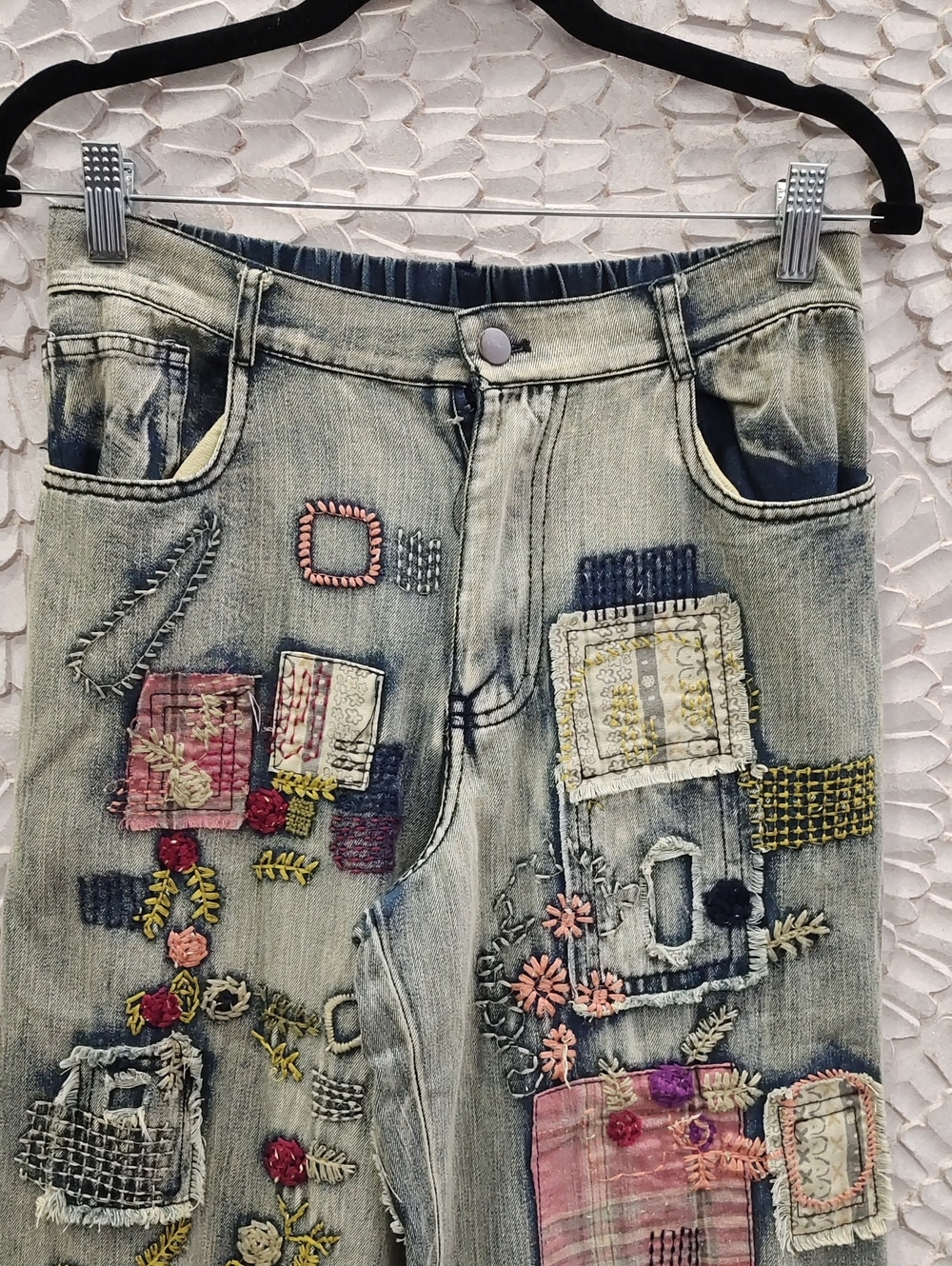 Boho Patchwork Embroidered Light Vintage Wash Jeans - Picture 4 of 9